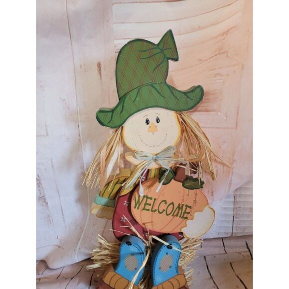 Wooden scarecrow welcome pumpkin Thanksgiving fall Decor figure - Picture 2 of 5